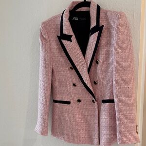Zara Pink Tweed Blazer with Black Accents